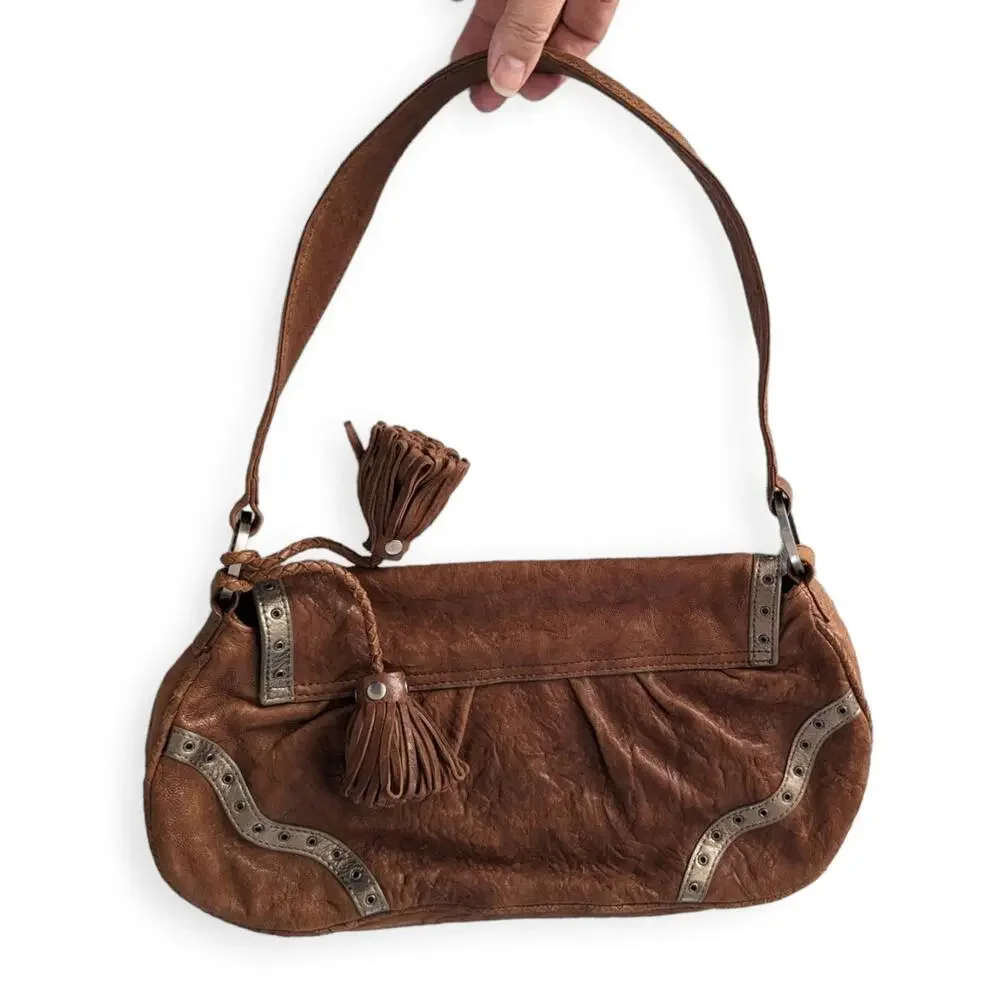 Chestnut leather purse handbag with metallic trim